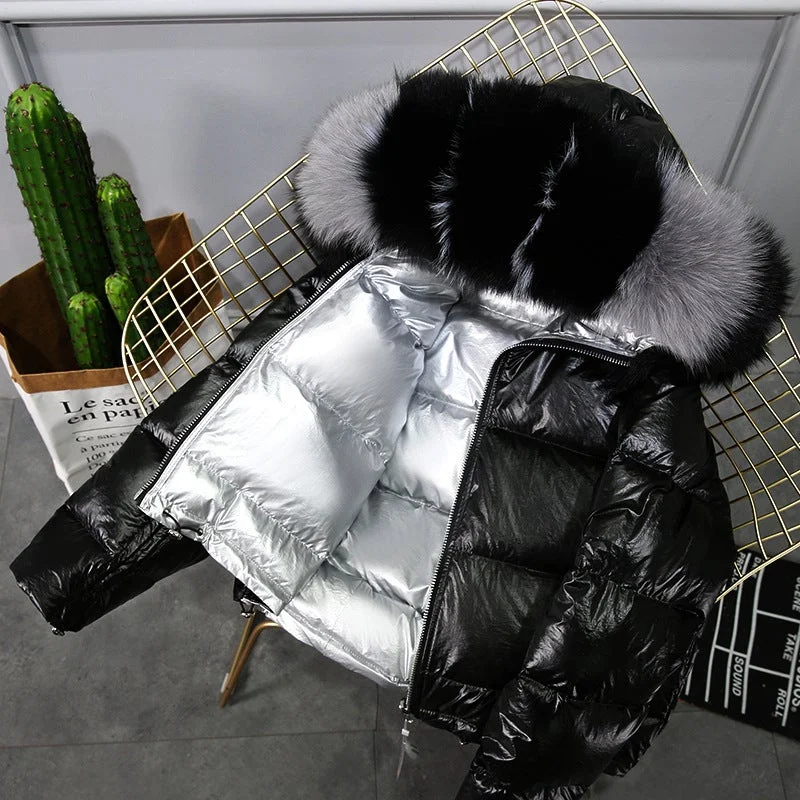 Free shipping Women Can Wear Large Fur Collar DownCoats On Both Sides-Summer Clearance