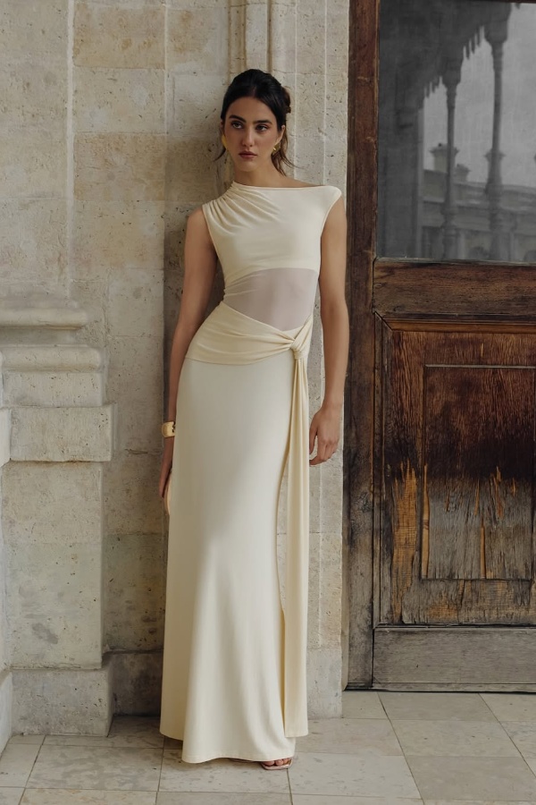  Chic White Asymmetric Prom Dress Sheer Mermaid with Pleated - Ohprom