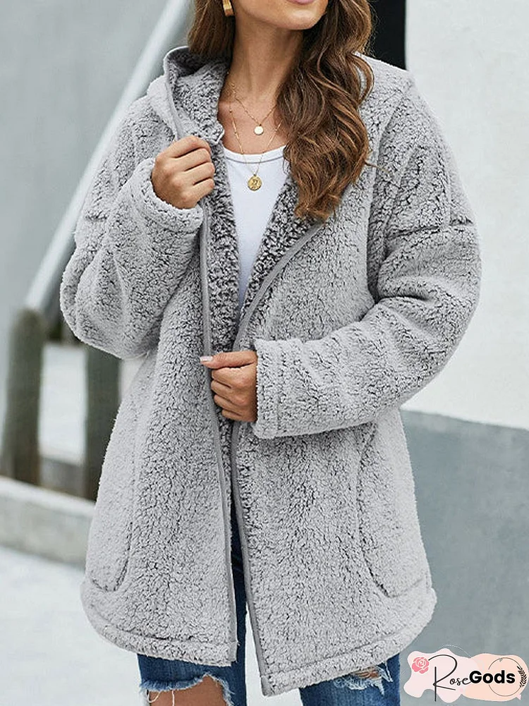 Plain Hooded Plush Coat Plus Size