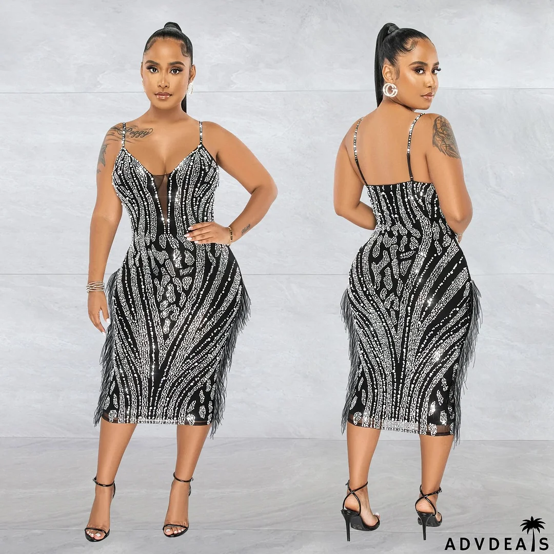 Women's Fashion Solid Color Camisole Sleeveless Mesh Beaded Maxi Dress