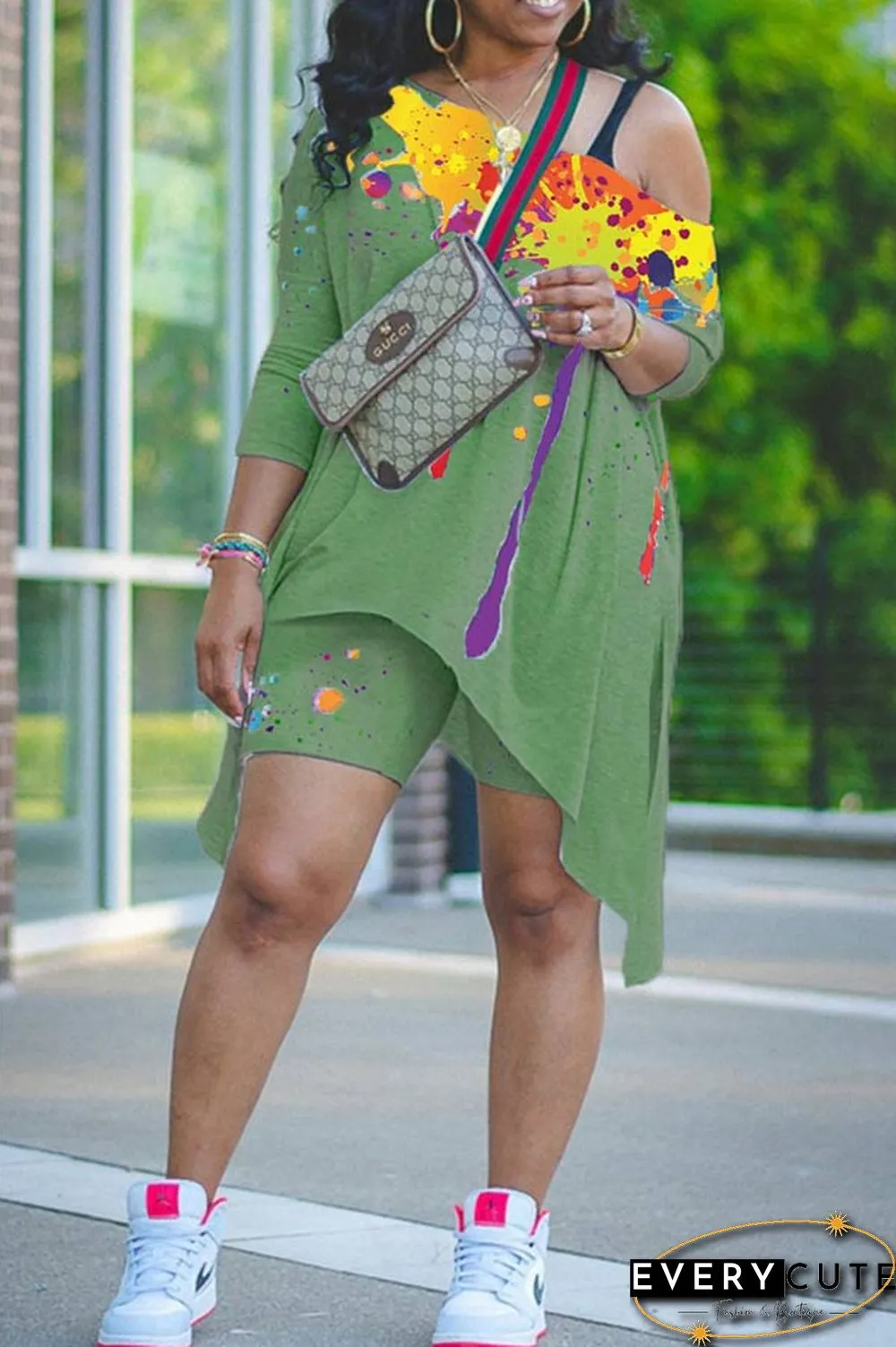 Fashion Print Asymmetrical Oblique Collar Shorts Set