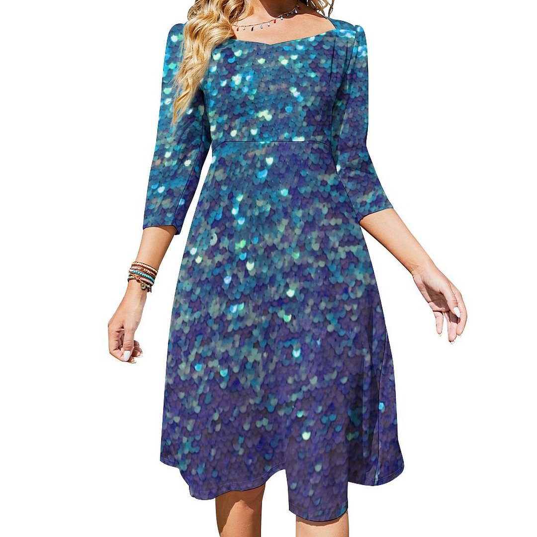 Blue Simulated Sequin Dress Sweetheart Tie Back Flared 3/4 Sleeve Midi Dresses
