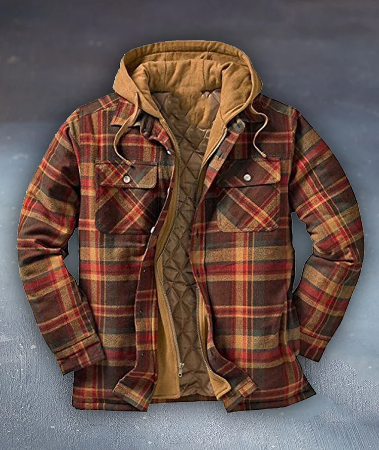 Men's thick cotton-padded jacket for autumn and winter, plaid long-sleeved loose-fitting hooded jacket