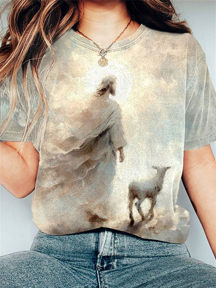 Comstylish Jesus And Sheep Oil Painting Art Print Casual T-Shirt