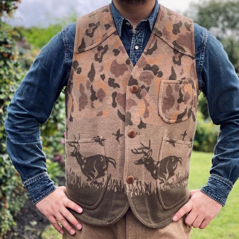 Vintage Camouflage Elk-print Wool-blend Vest