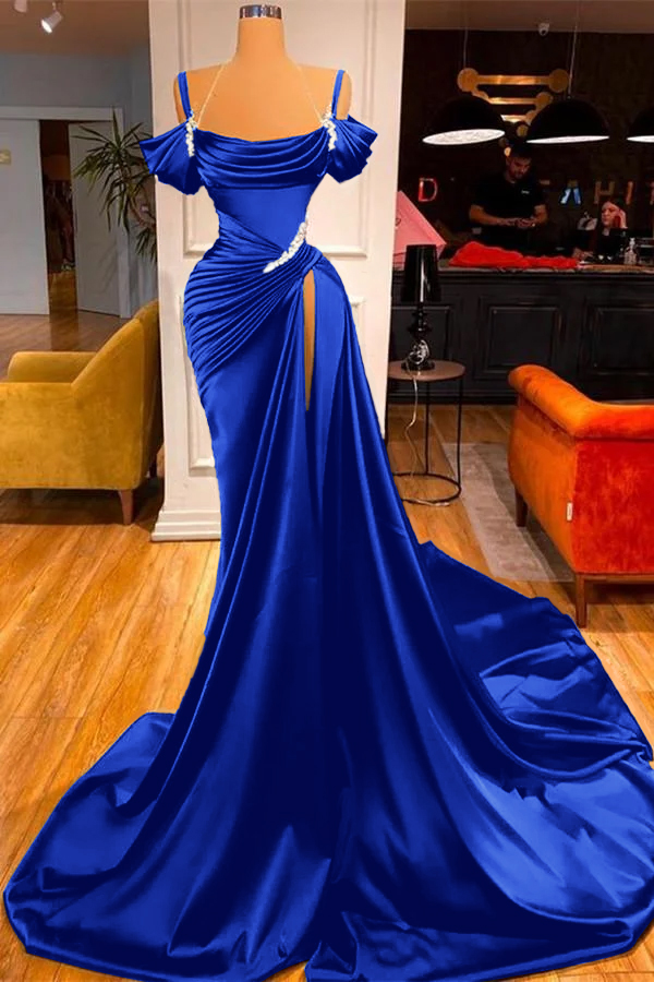 Hidais Green Chic Off the Shoulder Beadings Pleated Prom Dress Long With High Split