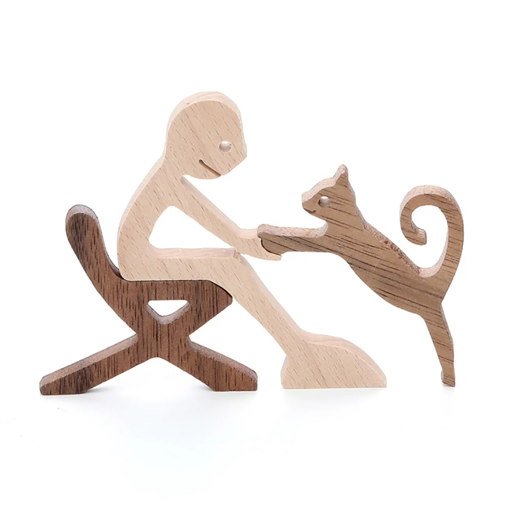 Purexcellent&trade; Creative wooden boy and cat home desktop carving ornament
