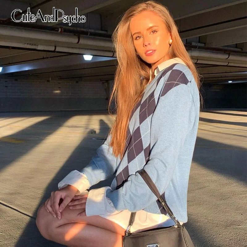 Autumn Vintage Argyle y2k Sweaters Women Oversized Harajuku Aesthetic Pullovers Streetwear Jumper Korean Knitwear Cuteandpsycho