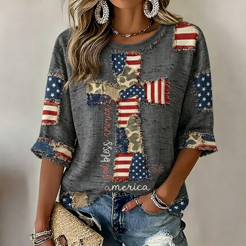  Women's  Flag In Faith Art Three-quarter Sleeve V Neck Linen Tops Westsshops