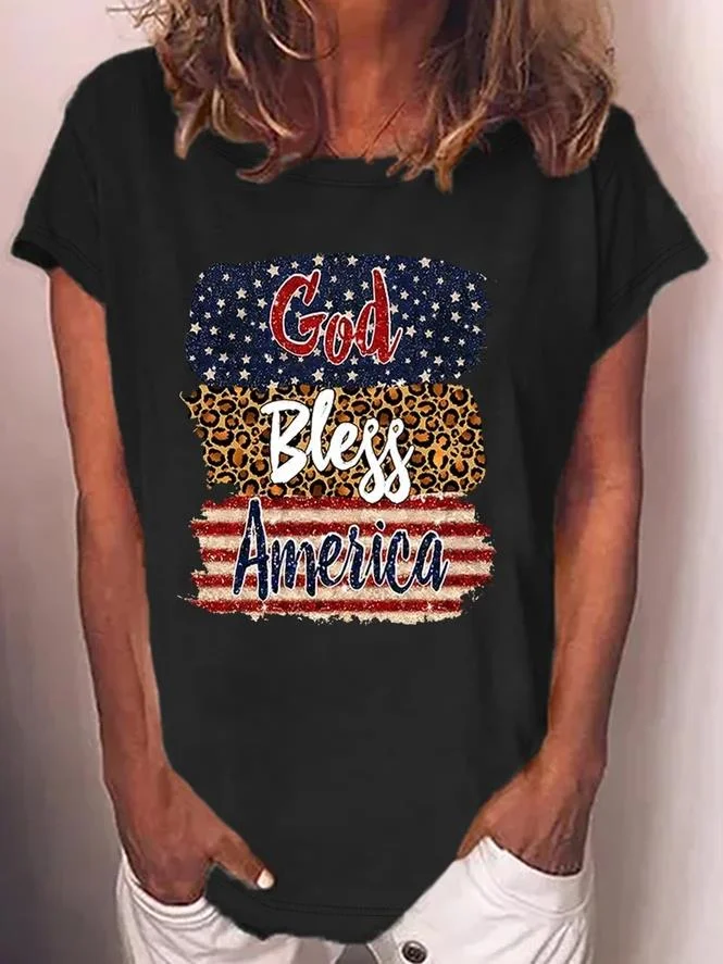 God Bless America Print Round Neck Casual Women's T-shirt