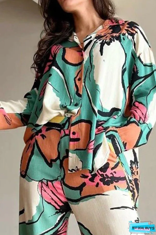 Printed Commuter Shirt High Waist Wide Leg Pants Set