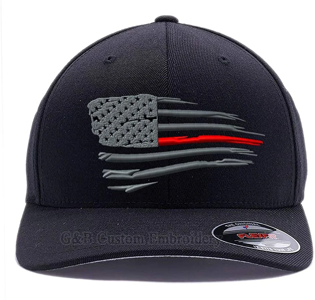 Thin Red Line Waving USA Flag. Embroidered Wool Blend Cap