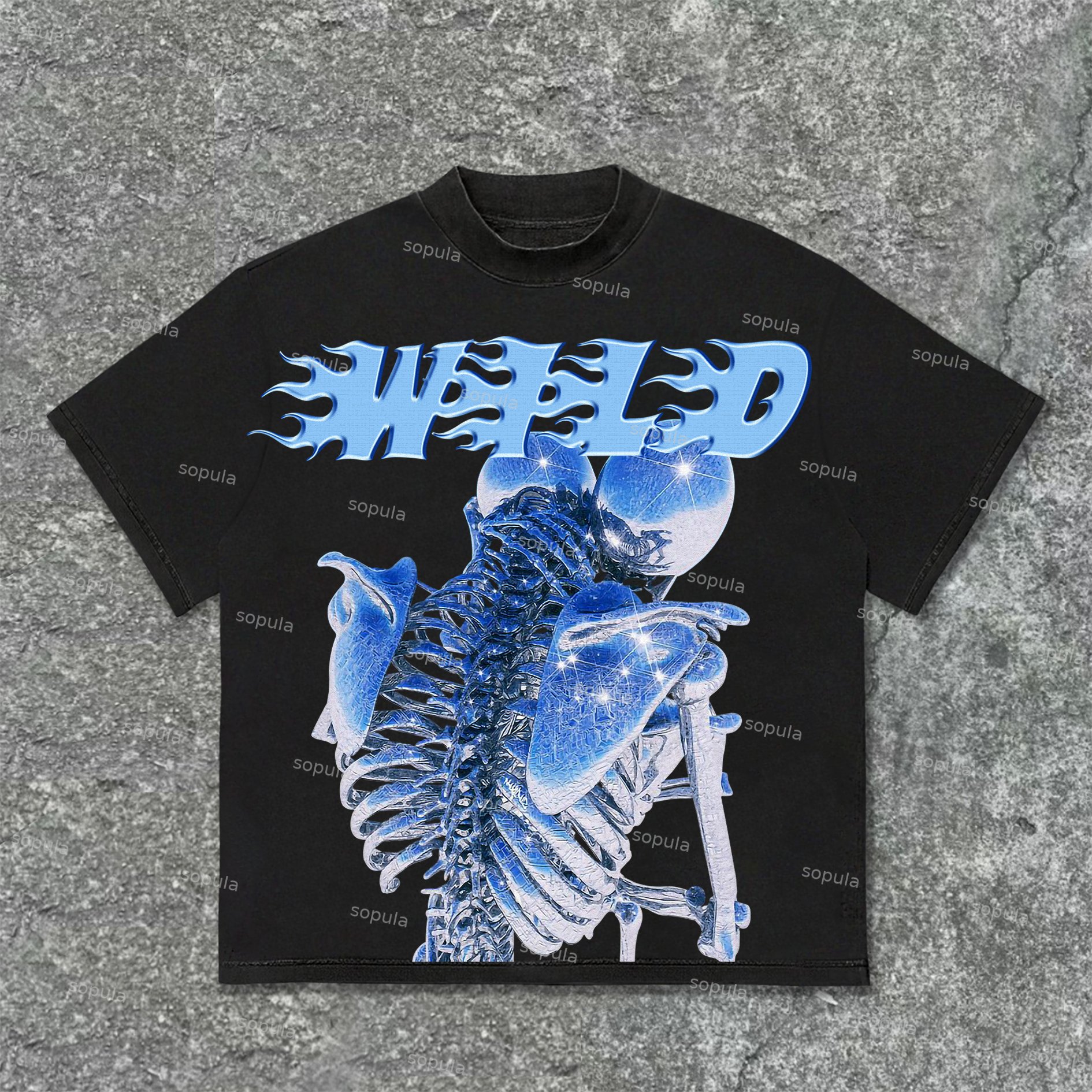Sopula Vintage Blue Skull Graphic Print Cotton T-Shirt