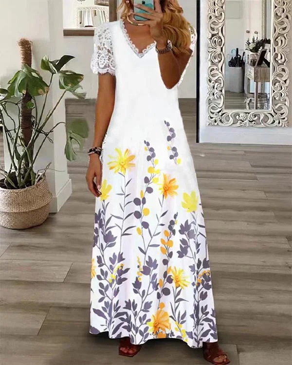 Casual V-neck Lace Short Sleeve Floral Dress