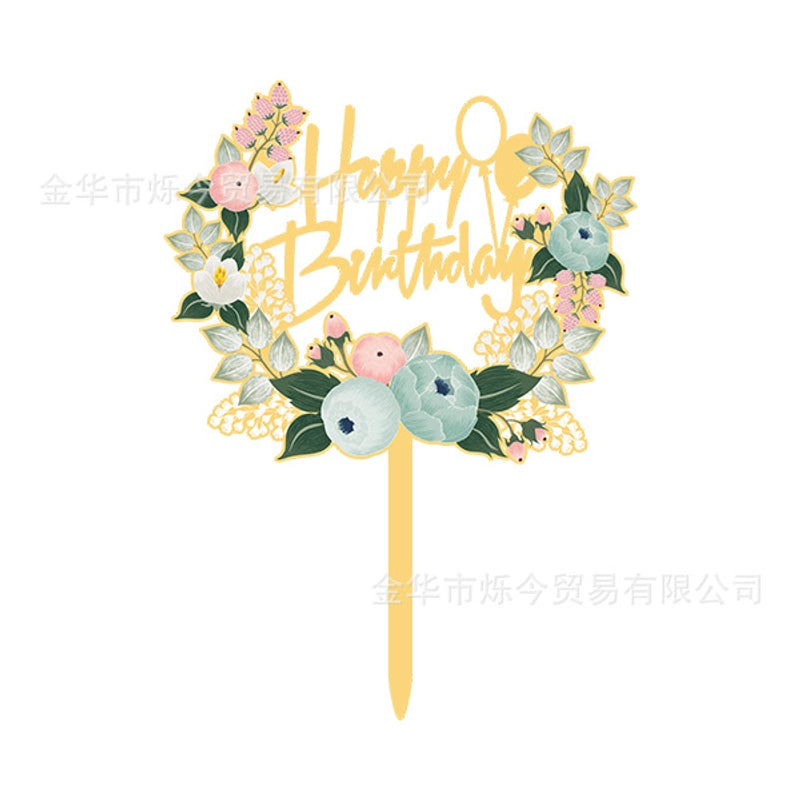 Acrylic Cake Topper Ins Style Floral Uv Color Printing Happy Birthday Dessert Decoration Plugin