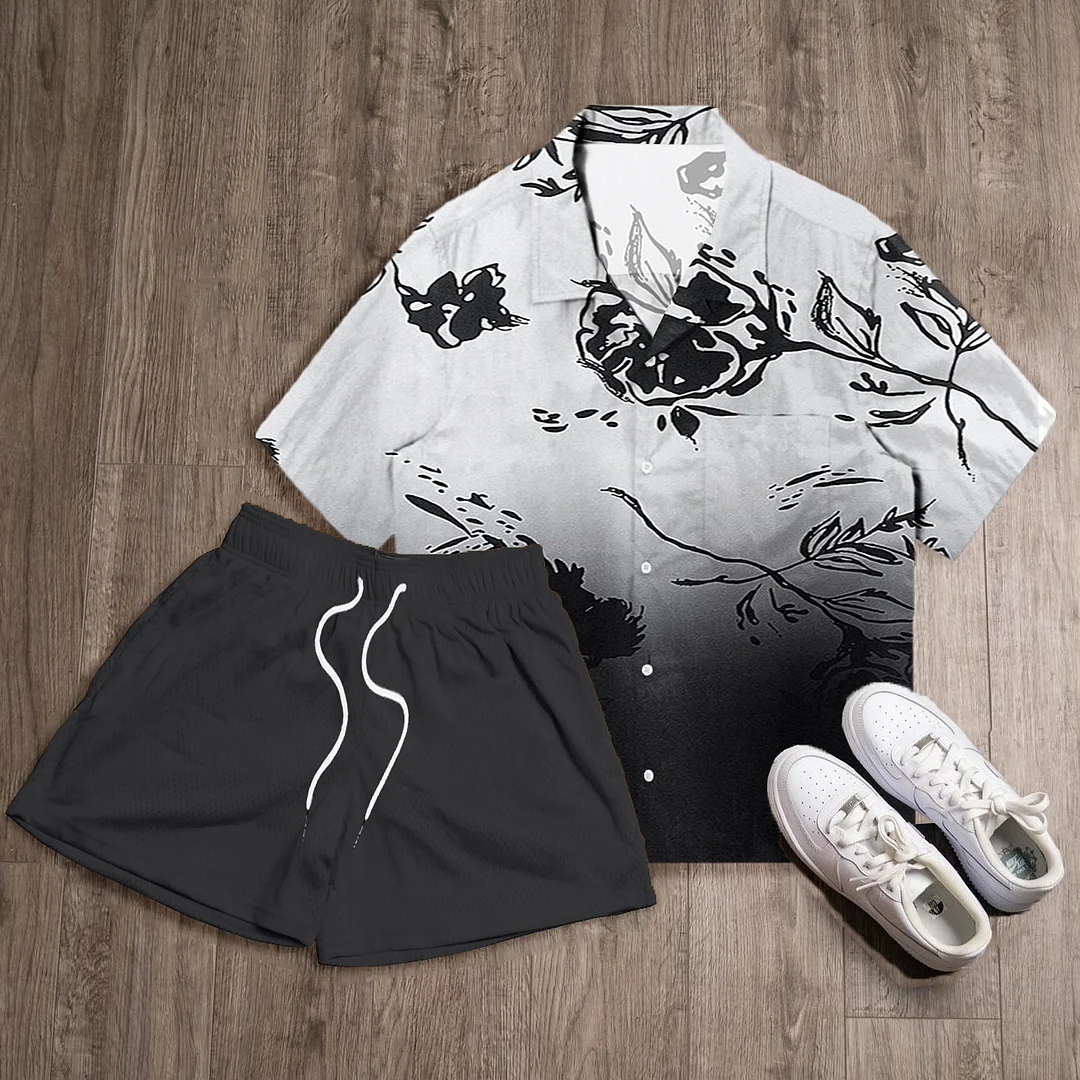 Gradient Floral Print Shirt Shorts Two-Piece Set