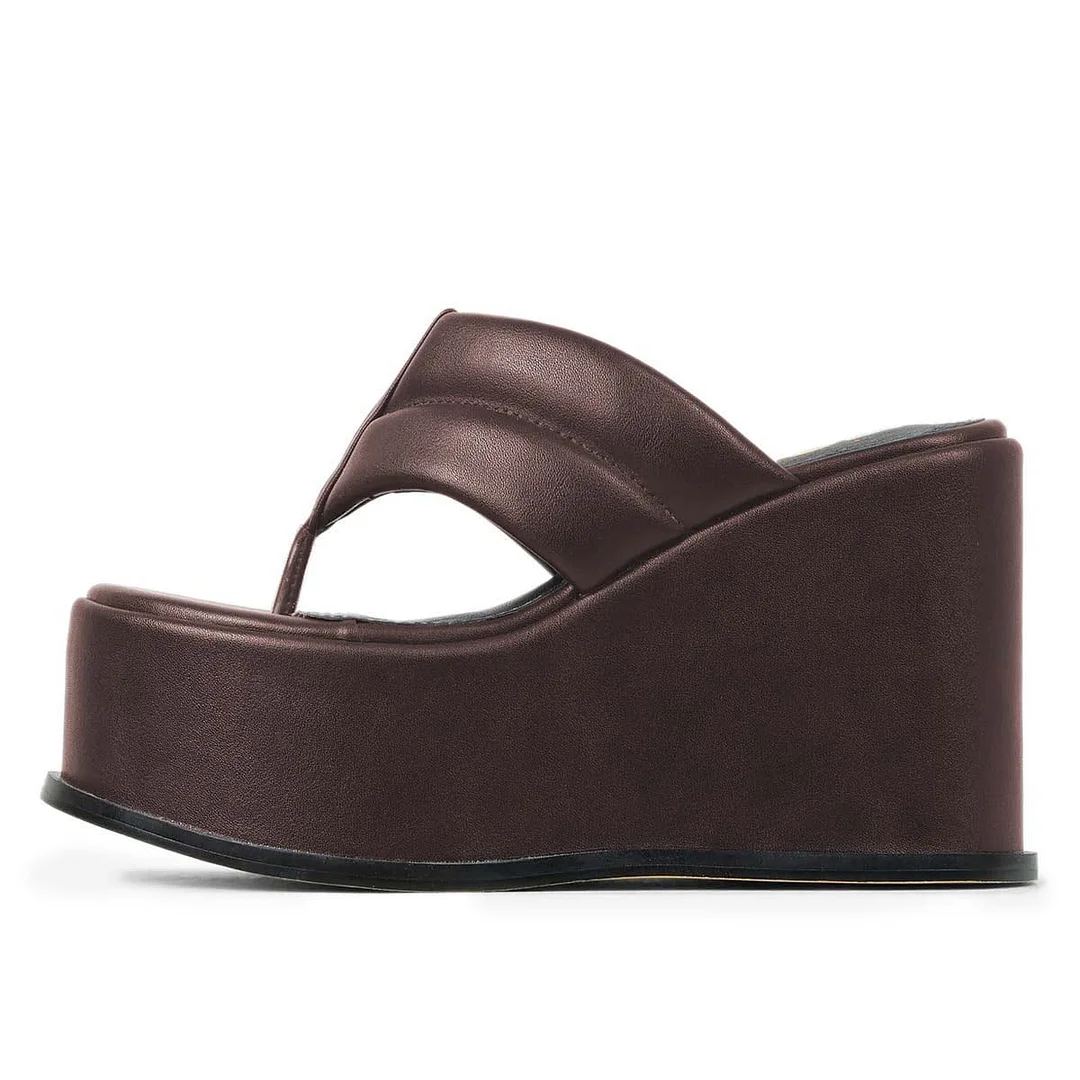 Brown Round Toe Slip On Flip Flops Platform Mules with Wedge Heel