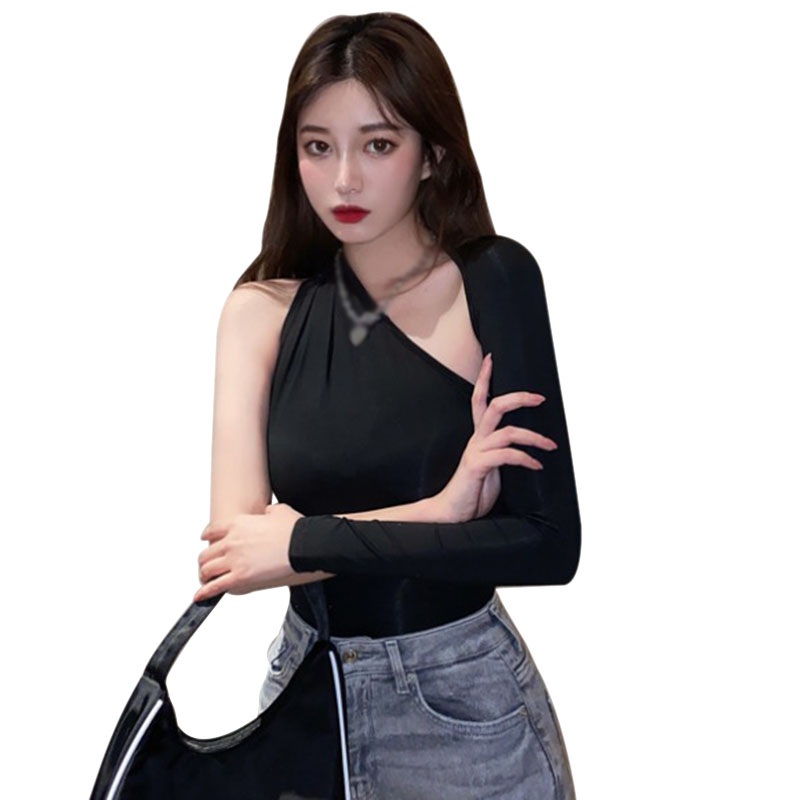 Summer Women's  T shirt Slant Shoulder Sexy Slim Strapless Long Sleeve T-Shirt Tops