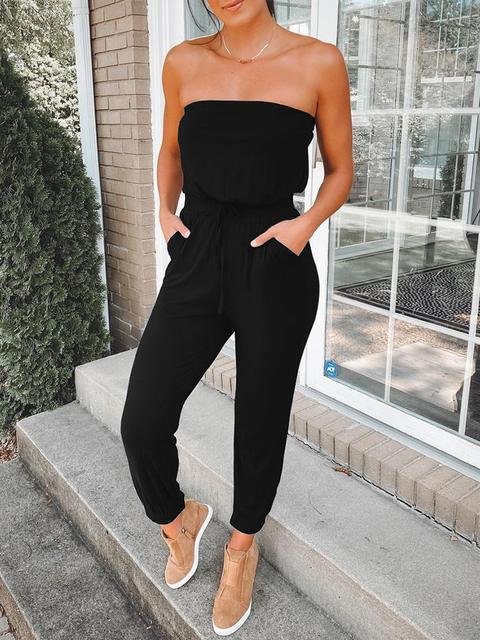 Casual Solid Strapless Pockets Jumpsuit
