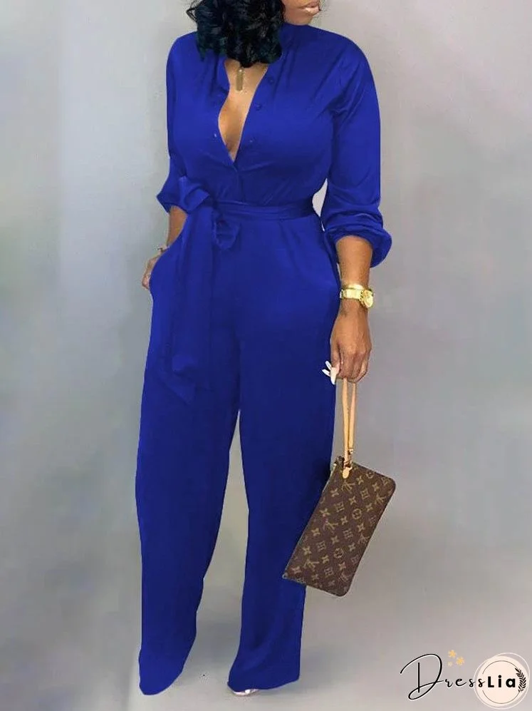 Solid Buttoned Pocket Casual Jumpsuit for Women