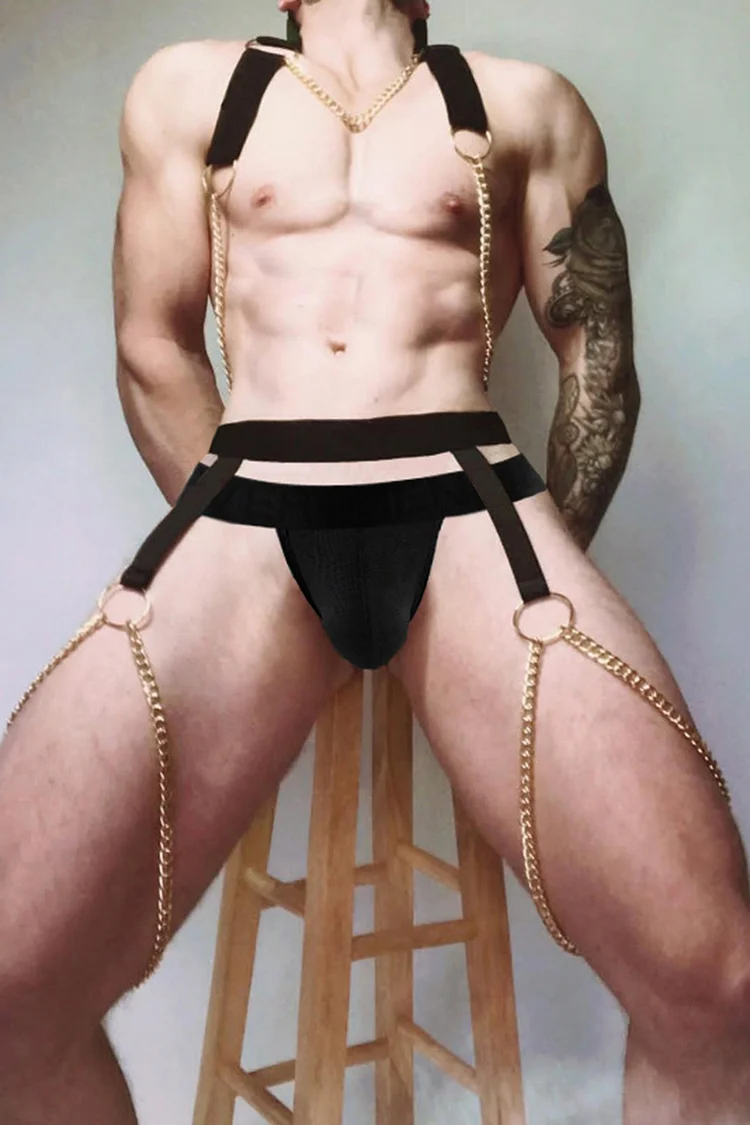 Men's O-Ring Chain Halter Body Harness Garter Belt Two Piece Set