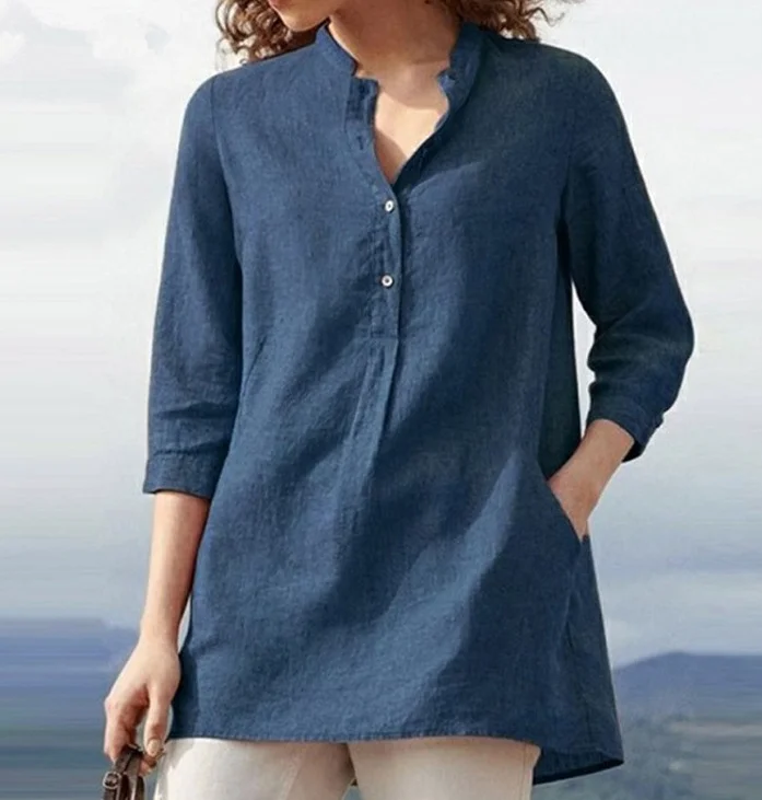 Women's Solid Color Three-quarter Sleeve Stand Collar Cotton Linen Casual Pullover Shirt