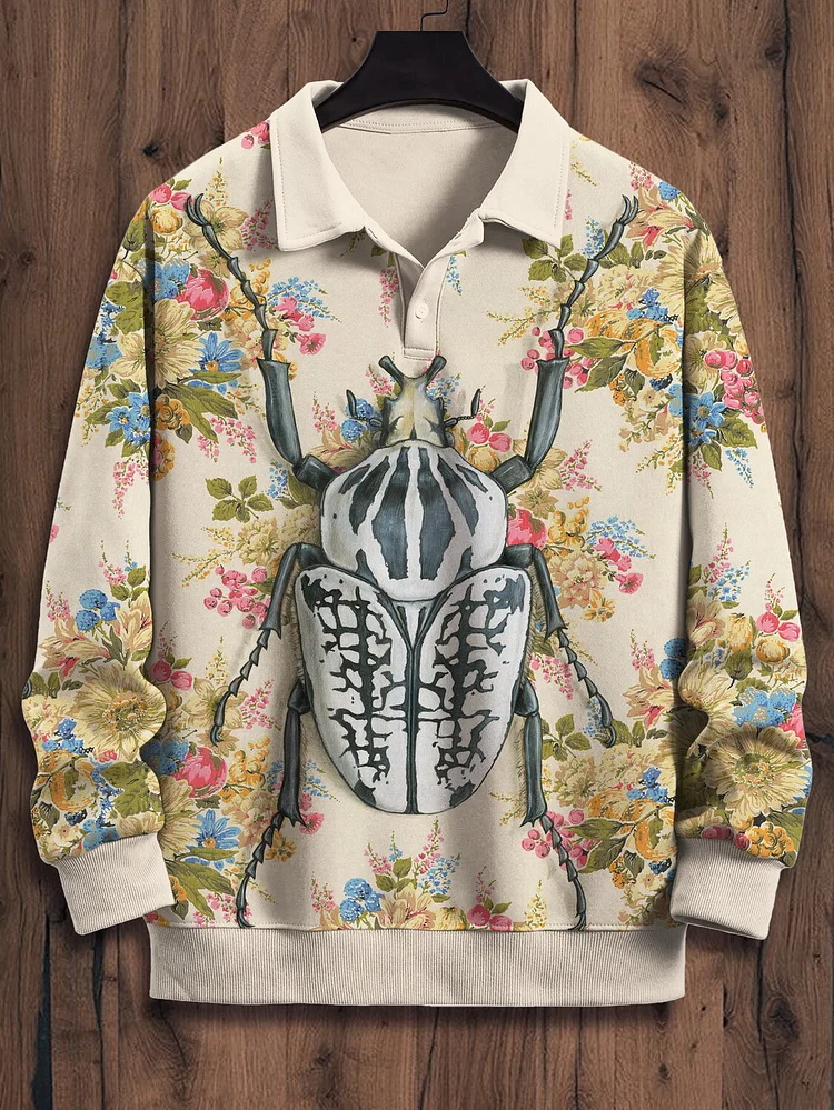 Men's Beetle Floral Print Casual Polo Sweatshirt