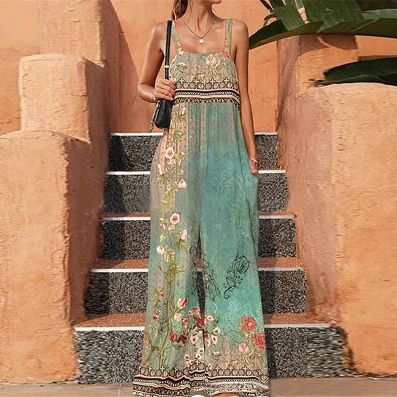 Elegant Pattern Print Sleeveless Loose Jumpsuits Summer Casual Off Shoulder High Waist Overalls New Pockets Wide Leg Long Romper