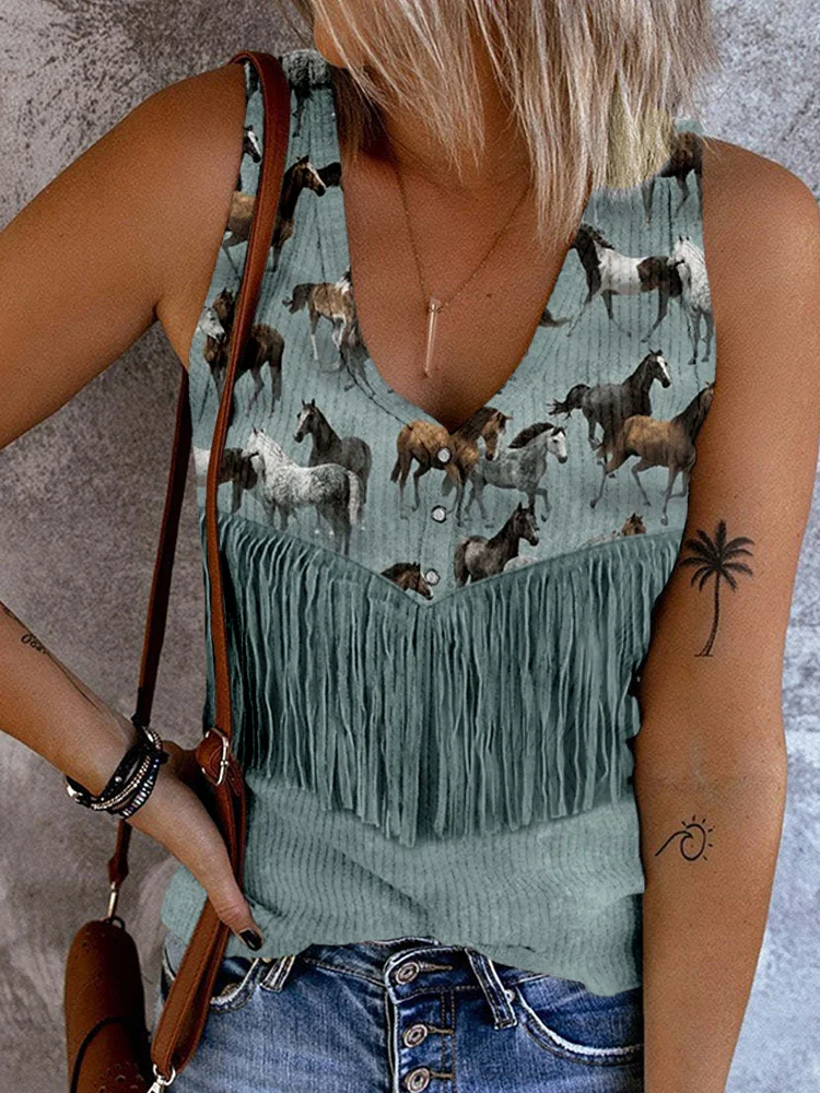 Western Wild Horses Frange Button Up Tank Top