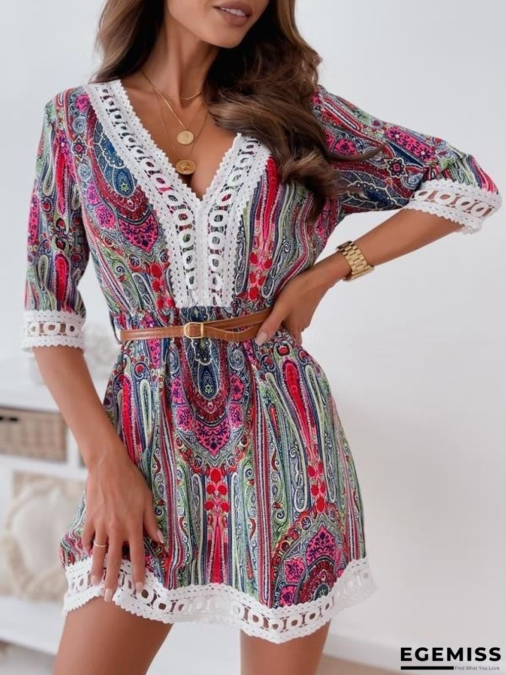 New Lace Printed Dress with Belt | EGEMISS