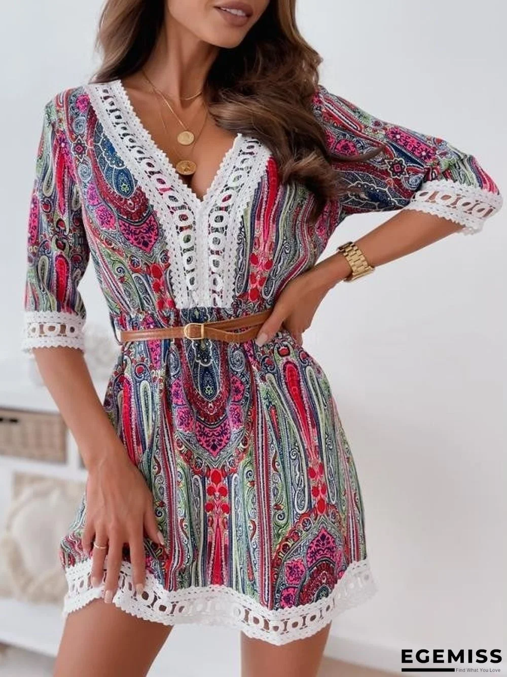 New Lace Printed Dress with Belt | EGEMISS