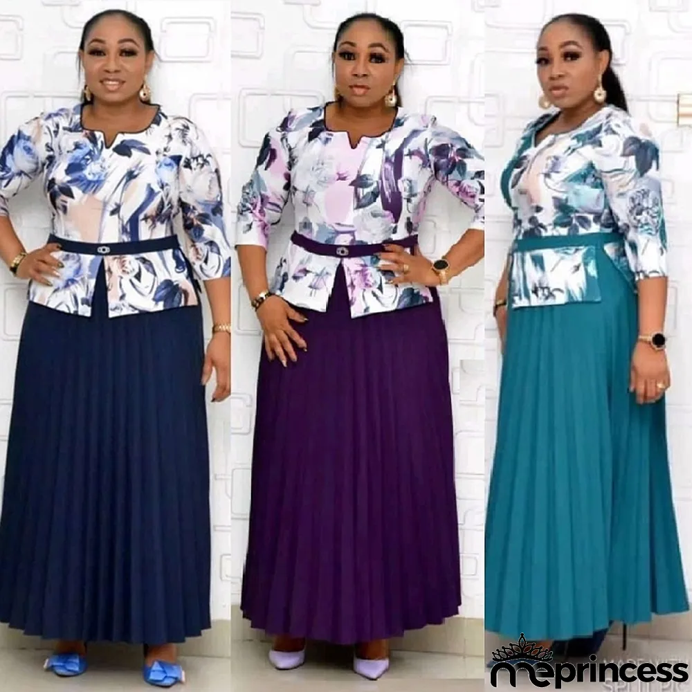 Summer Plus Size Mother of Bride Print Top and Midi Dress Set