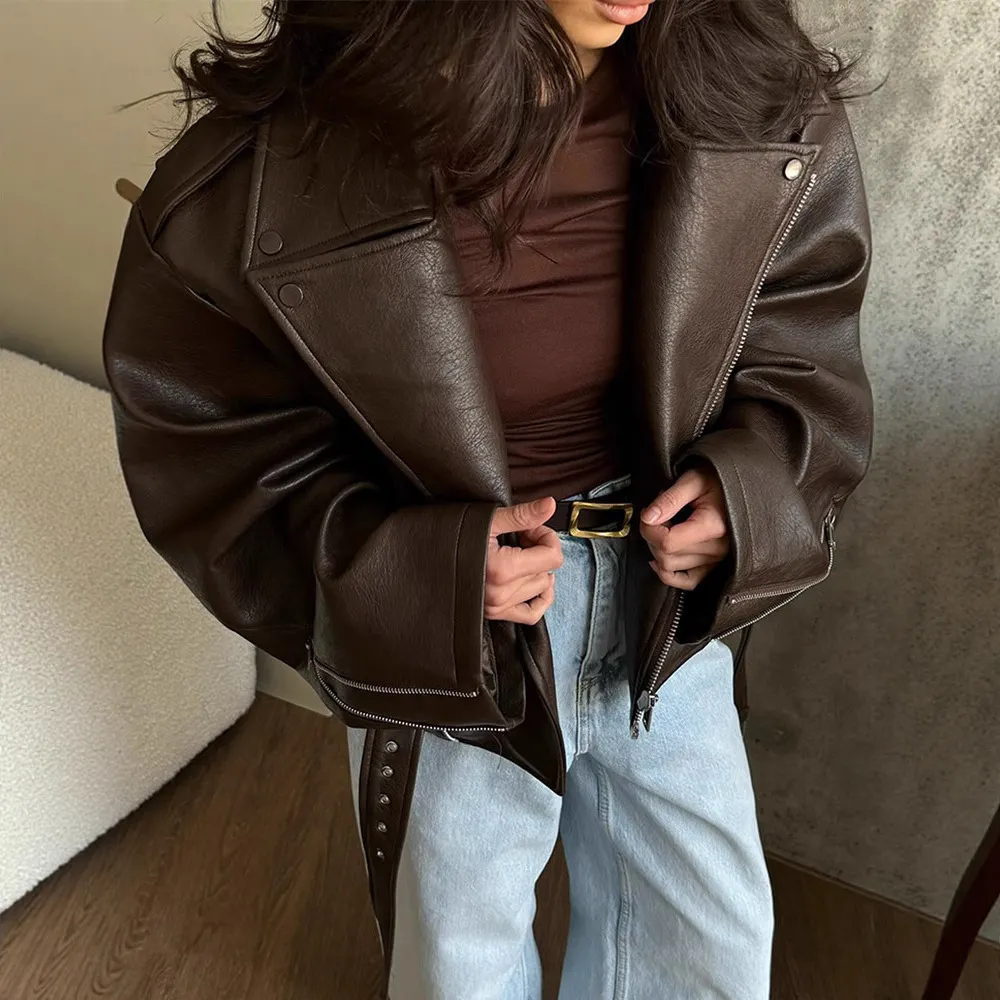 Women's Oversized Wide Shoulder Belted Moto Leather Jacket