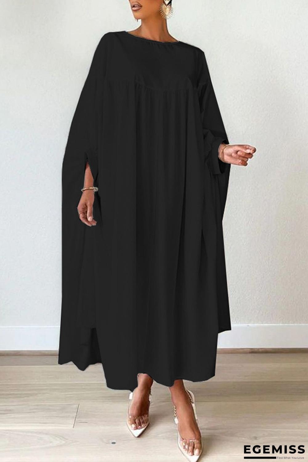 Black Casual Solid Patchwork O Neck Straight Dresses | EGEMISS