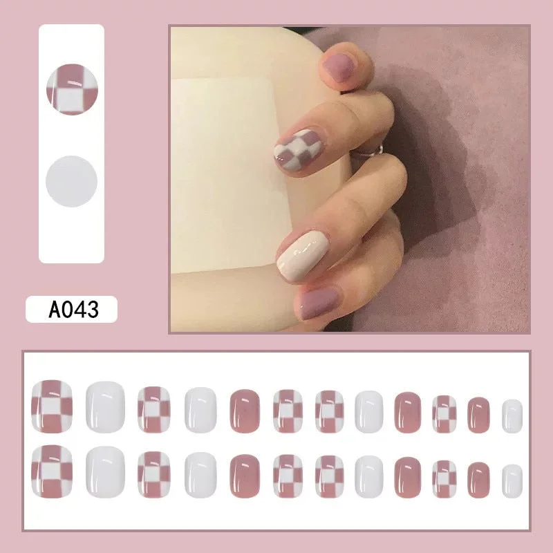 24Pcs/Set French Rhombus Designs False Nail Full Cover Fake Nails with Glue Detachable Wearable DIY Manicure Nail Art Tools-Nail Inspo
