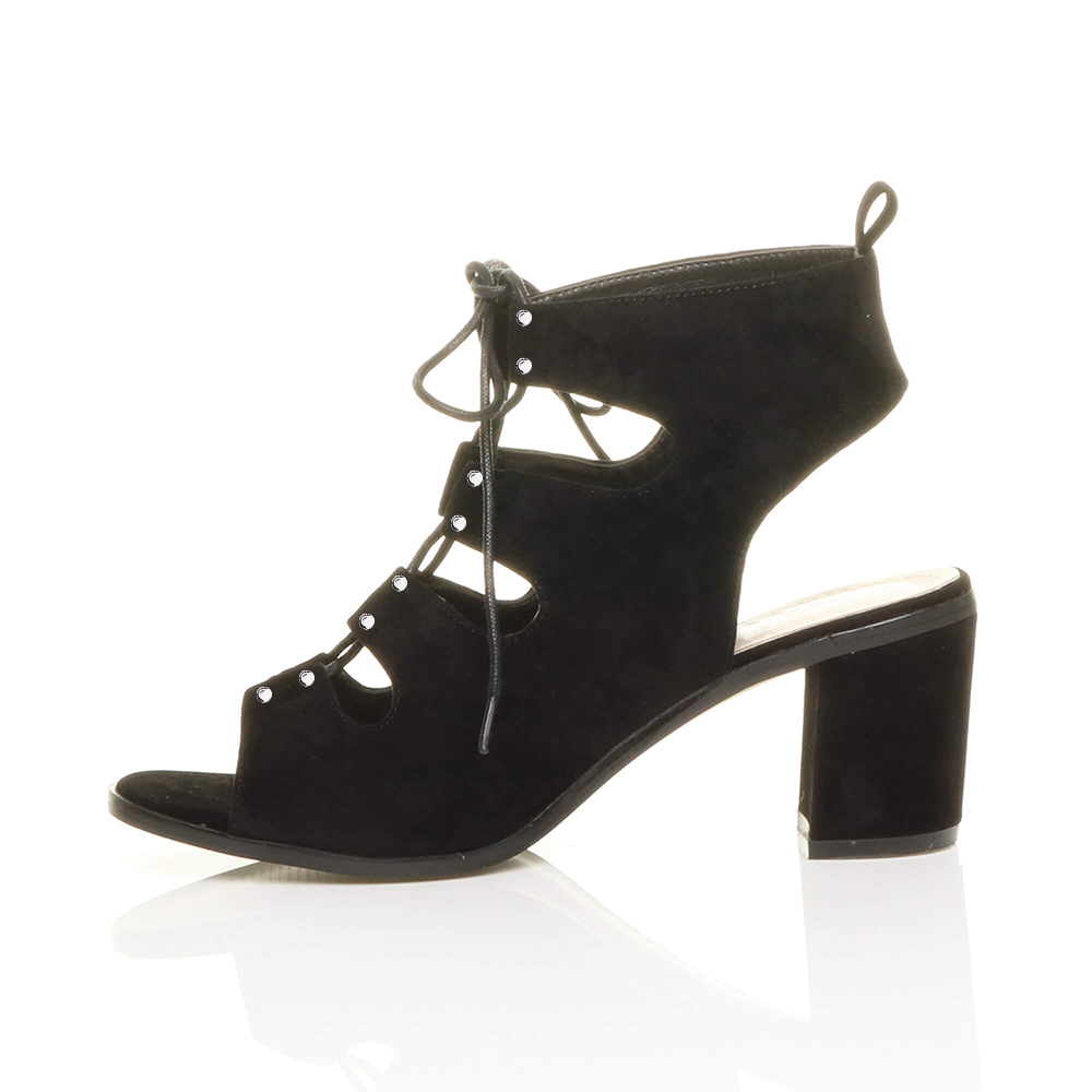 Black Open Toe Chunky Heel Lace Up Gladiator Sandals Nicepairs