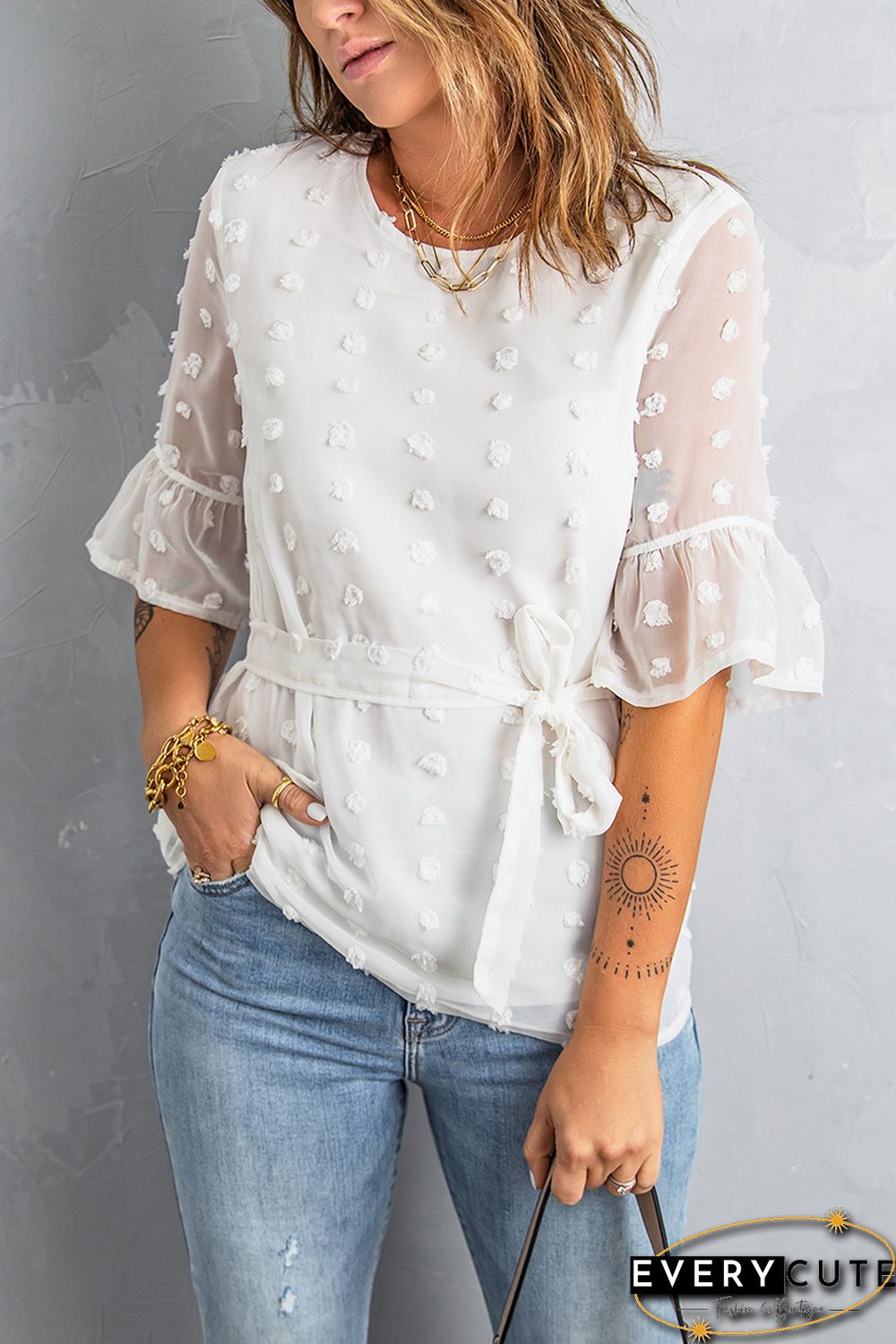 White Swiss Dot Tie Blouse