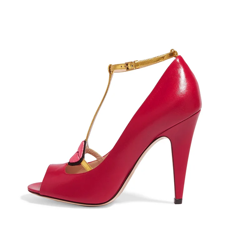 Red Embroidery Lip T Strap Pumps Peep Toe Cone Heel Shoes |FSJ Shoes