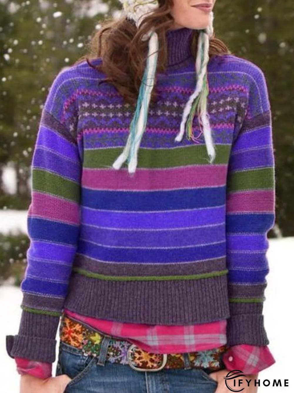 Long Sleeve Turtleneck Striped Sweater | IFYHOME