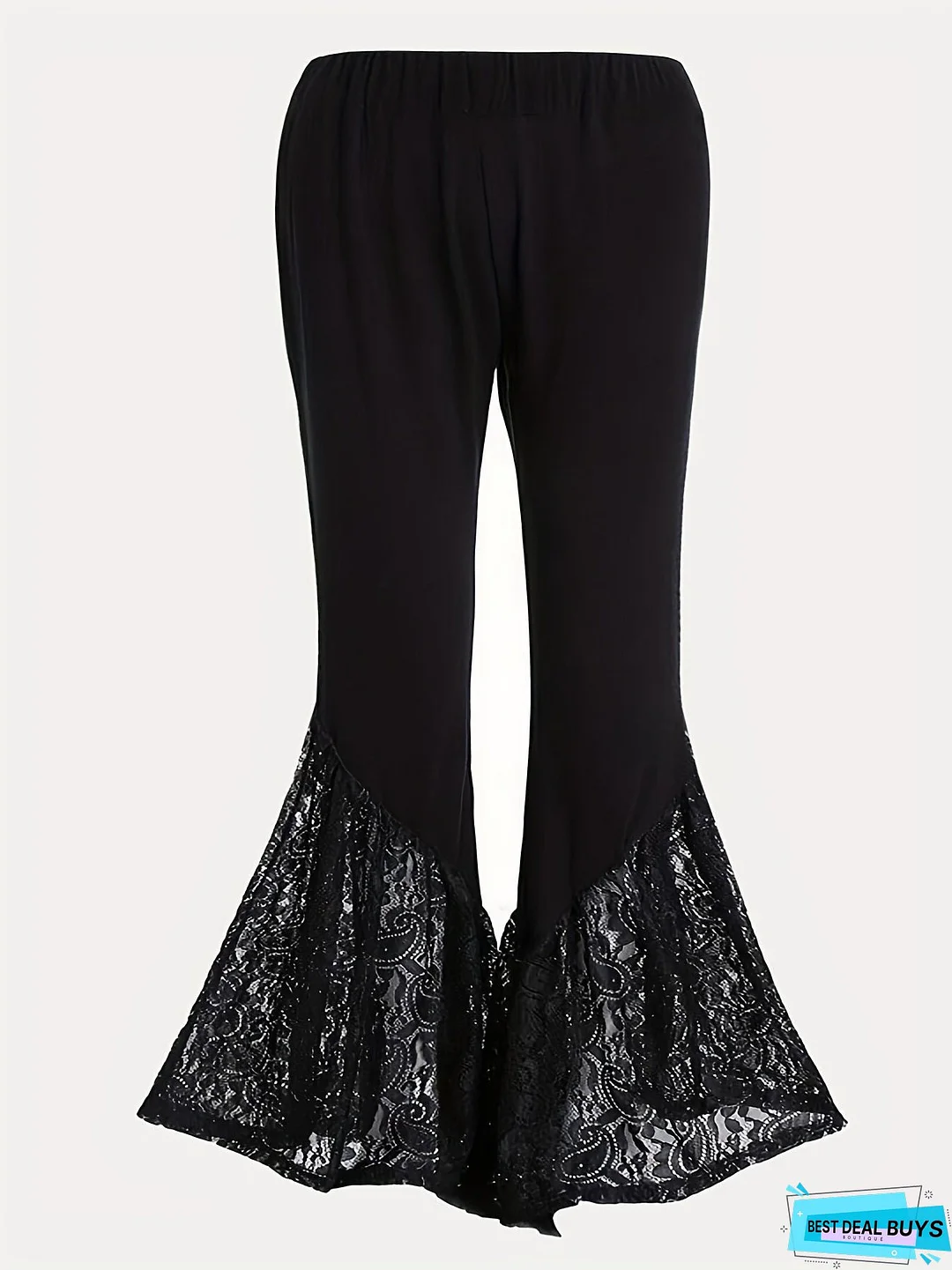 Plus Size Casual Pants, Women's Plus Plain Contrast Lace High Stretch Skinny Flare Leg Pants