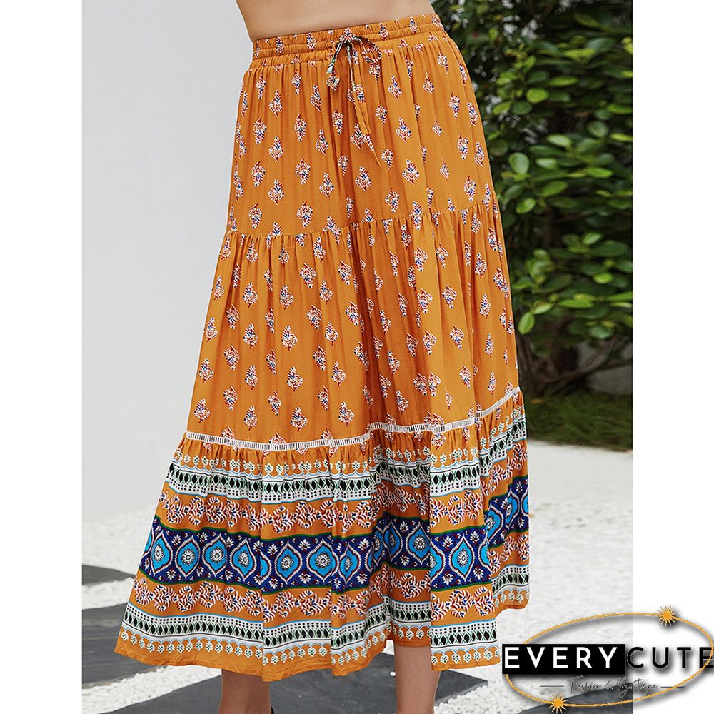 Yellow Floral Print Elastic Waist Pocket Midi Skirt