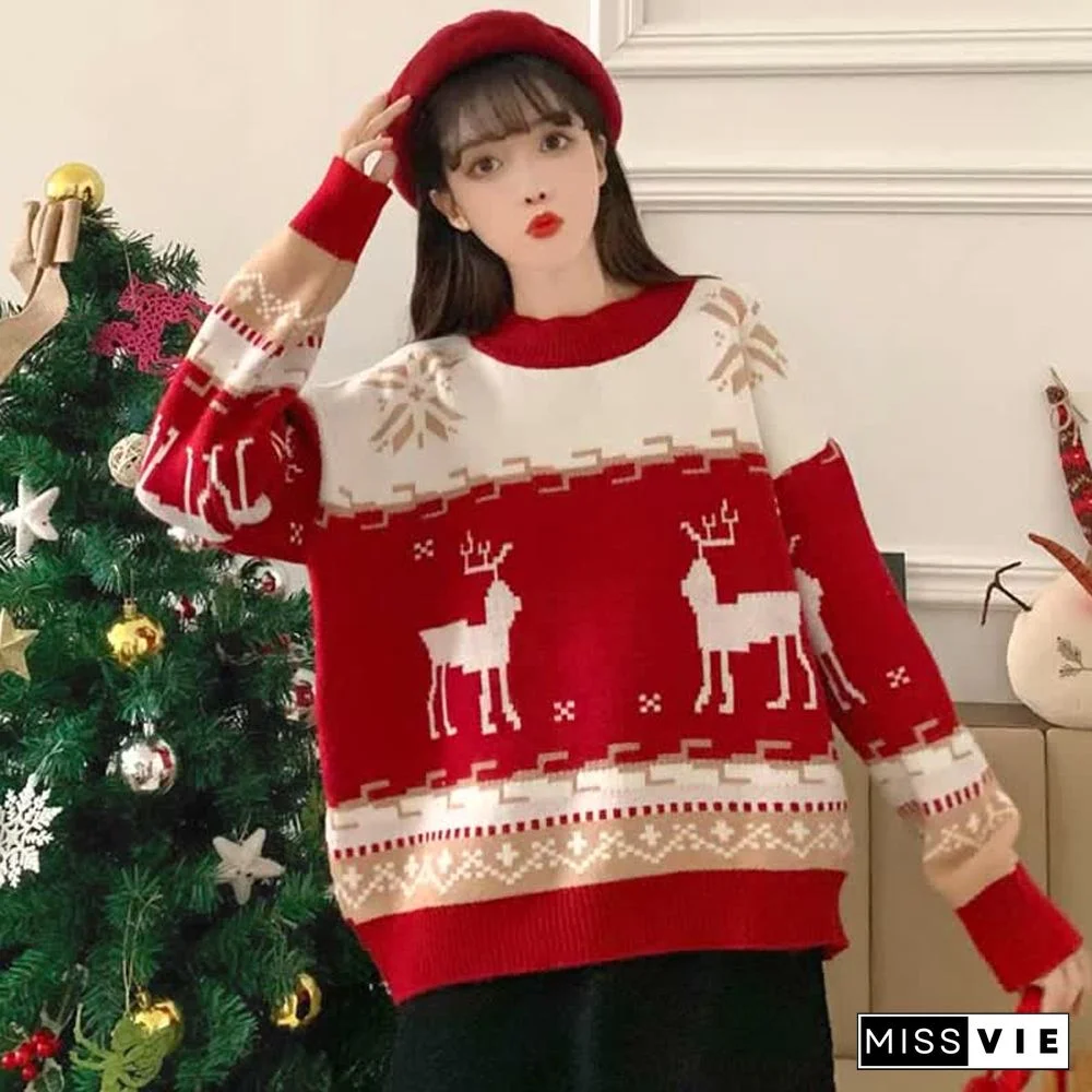 Christmas Reindeer Pattern Colorblock Round Collar Sweater