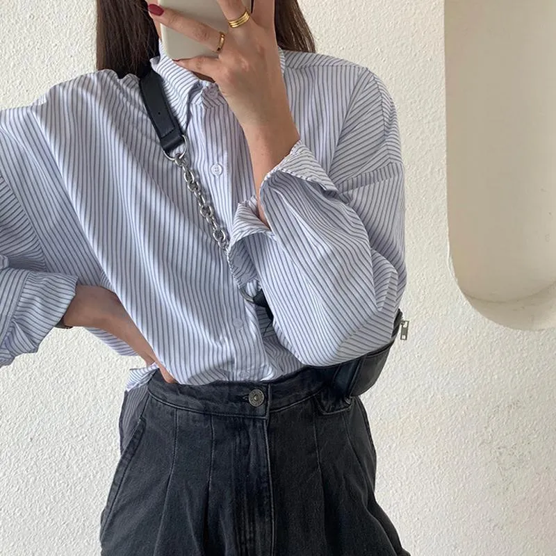 Uveng Uveng New Spring And Autumn Korean Version Of The Loose Salt Long-Sleeved Striped Shirt Women Wear Retro Hong Kong-Style Tops
