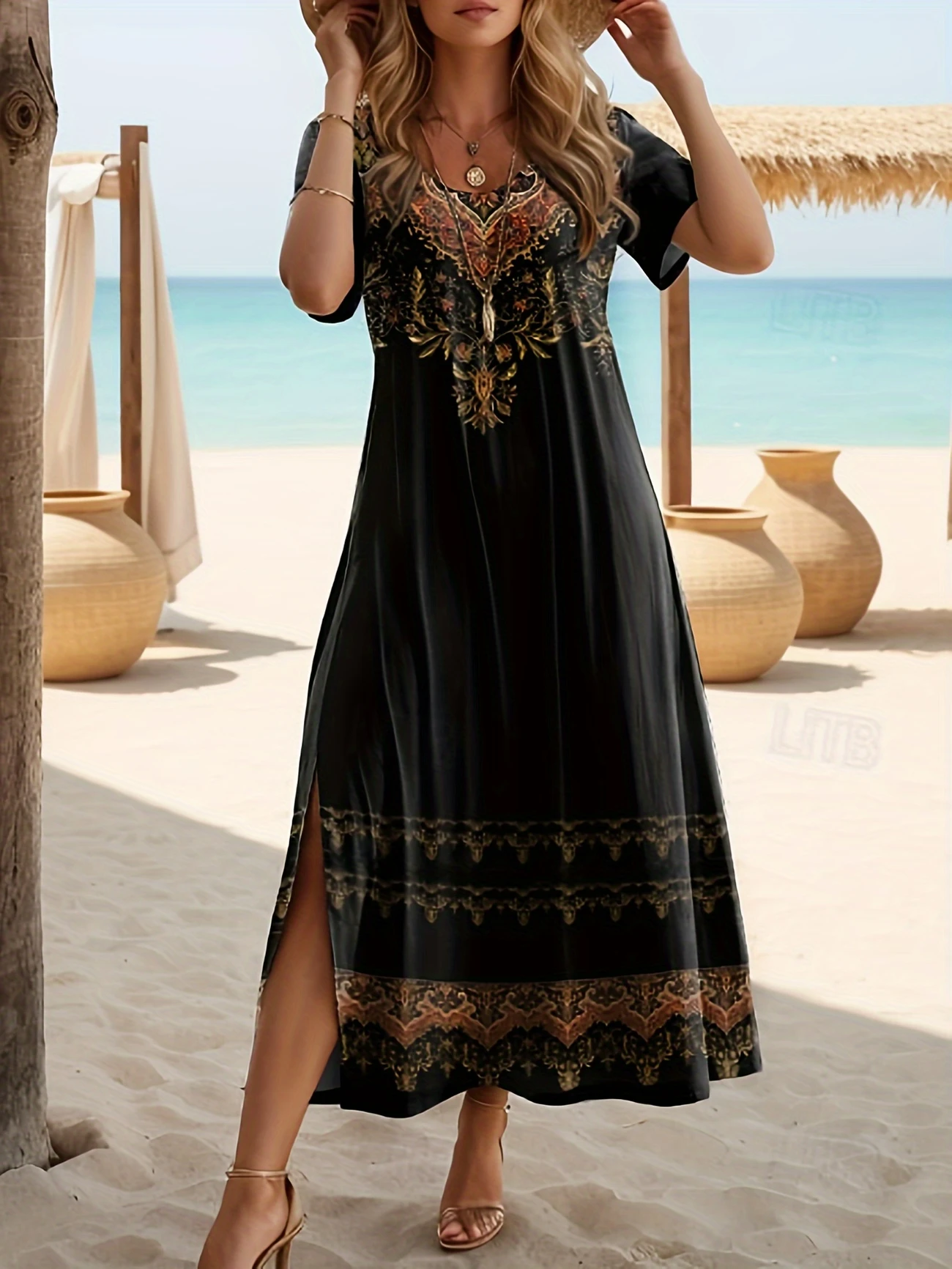 Slate Grey Multi Colored Floral Printed Dress With Round Neck &  Slited Sleeves With Knot Style main image 0