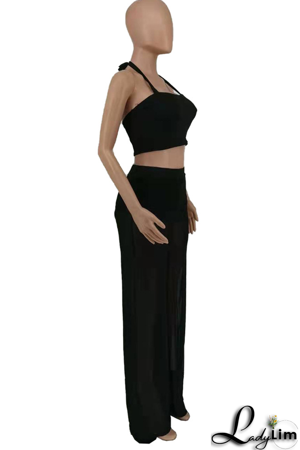 Red Fashion Solid Mesh Halter Sleeveless Two Pieces