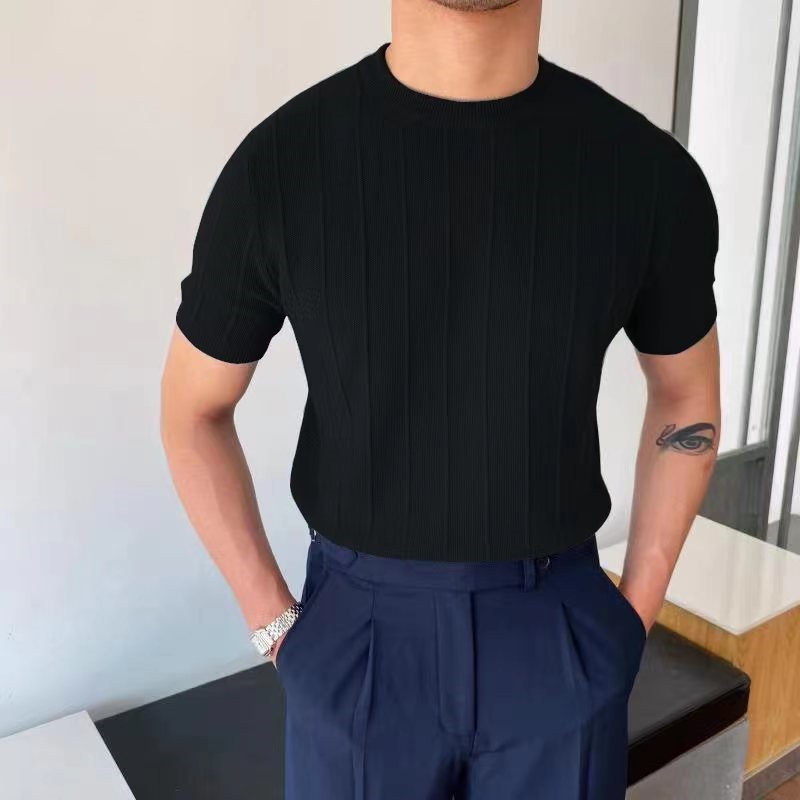 Mature Men Short Sleeve Knitted T-shirt Summer Light Round Neck Thin Tops