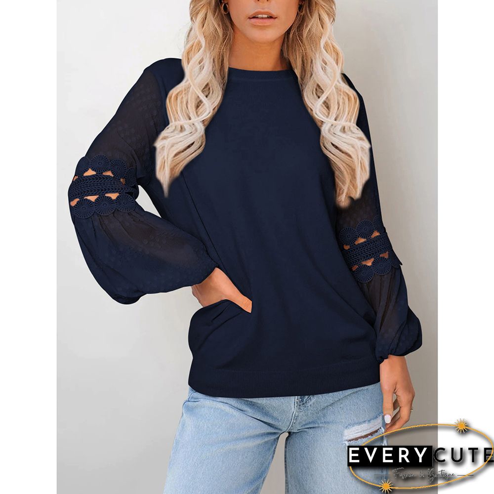 Navy Blue Splicing Hollow-out Lantern Sleeve Tops