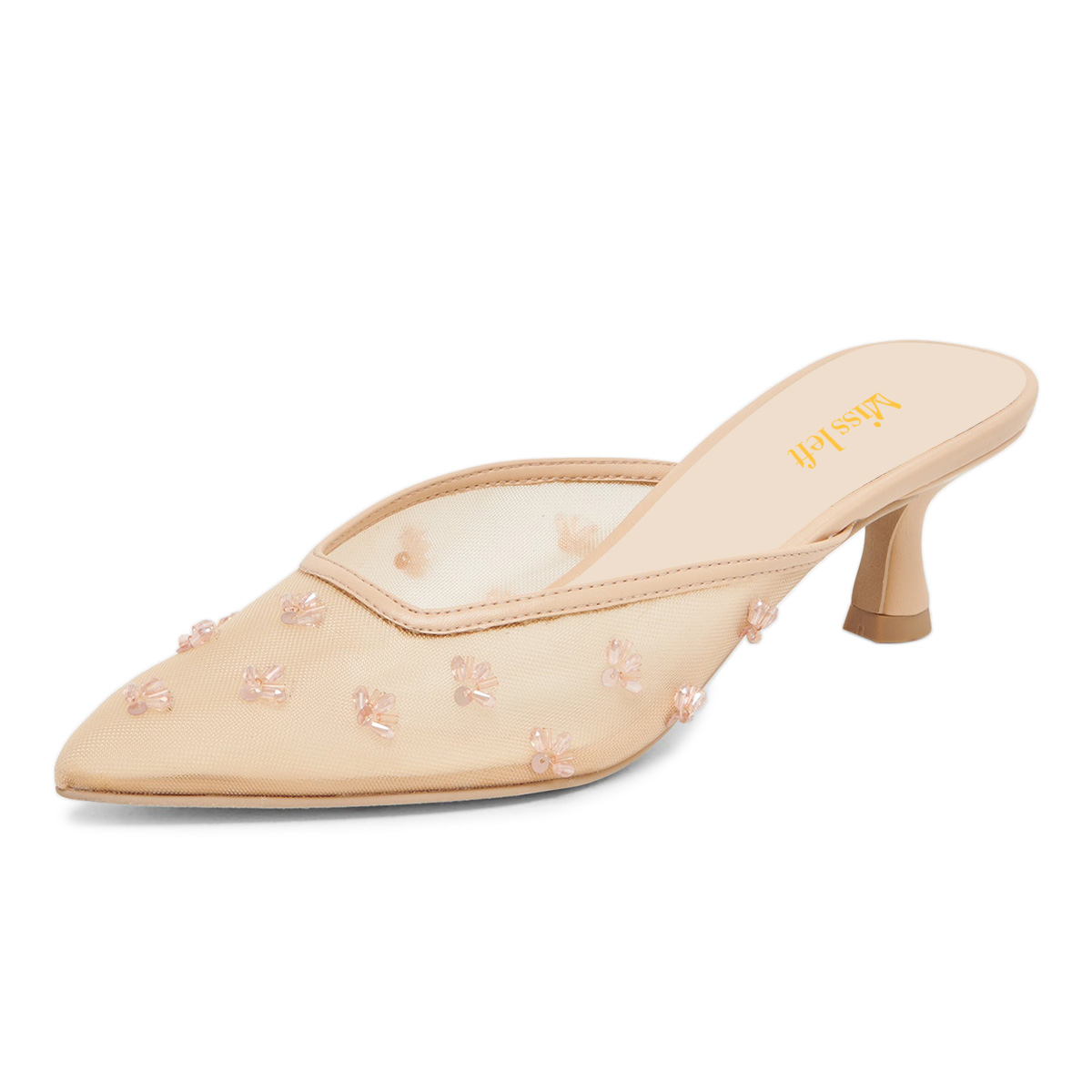 Nude Mesh Beaded Flower Kitten Heel Comfy Women's Mules Shoes Nicepairs