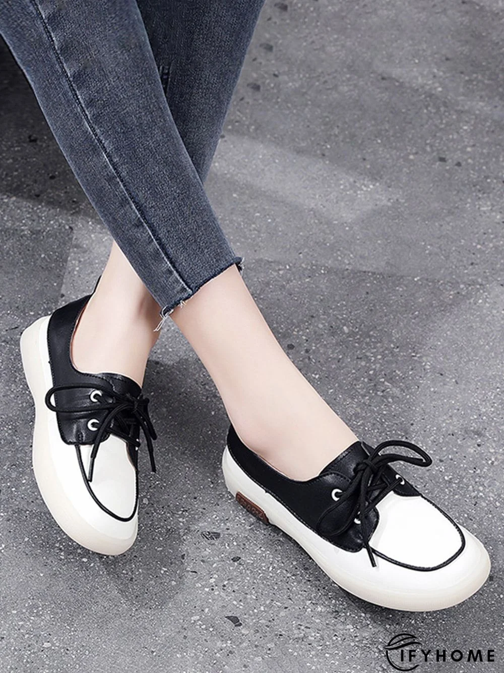 Casual Split Joint Color Block Leather Lace Up Flat Shoes | IFYHOME