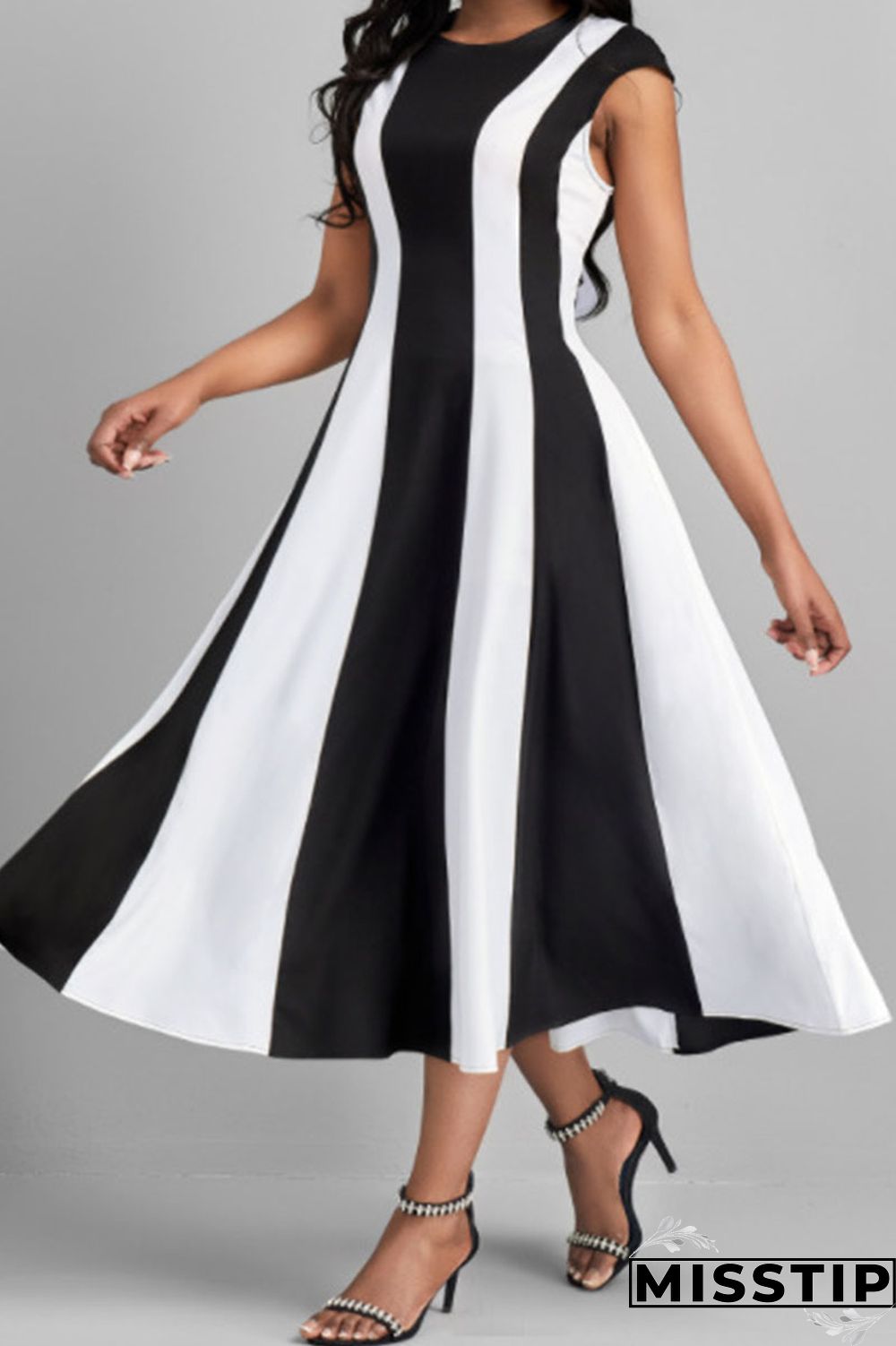 Black Casual Striped Print Patchwork O Neck A Line Dresses